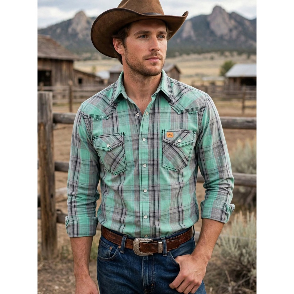 Wrangler Shirt Mens Large Green Gray 20X FR Flame Resistant Pearl Snap